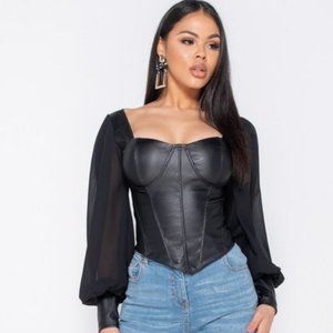 1 DAY SALE! Black Vegan Leather Faux Leather Long Sheer Sleeve Bustier Top